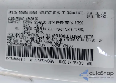 2022 Toyota Tacoma Sr from USA, damaged, VIN 3TYRX5GN7NT046581